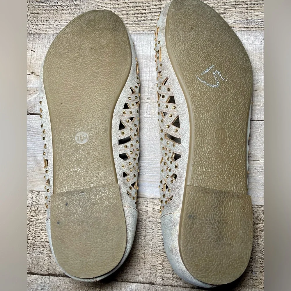 Nicole Women’s Beige Ballerina‎ Gold Lace Studded Flats 7.5